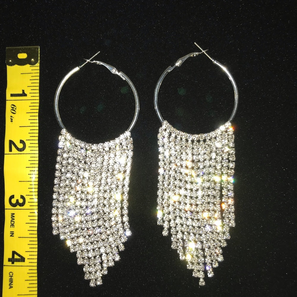 Silver Rhinestone Fringe Hoop Earrings - Picture 3 of 3